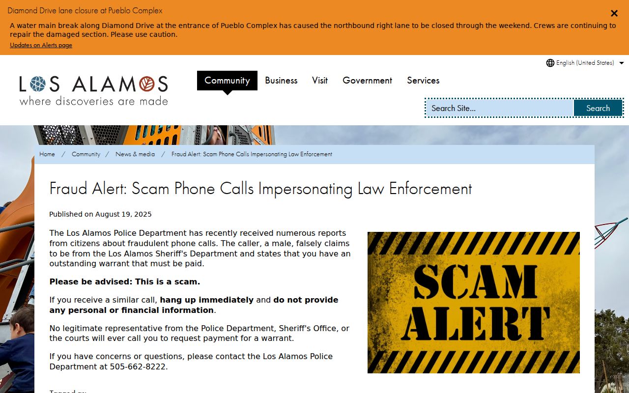 Los Alamos County warrant records official payment scam warning