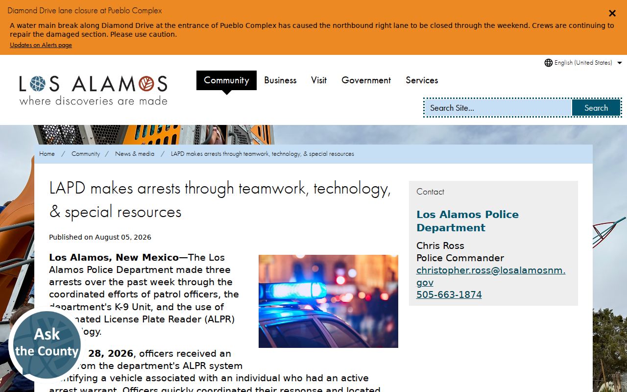 Los Alamos County active warrants internal police alert system